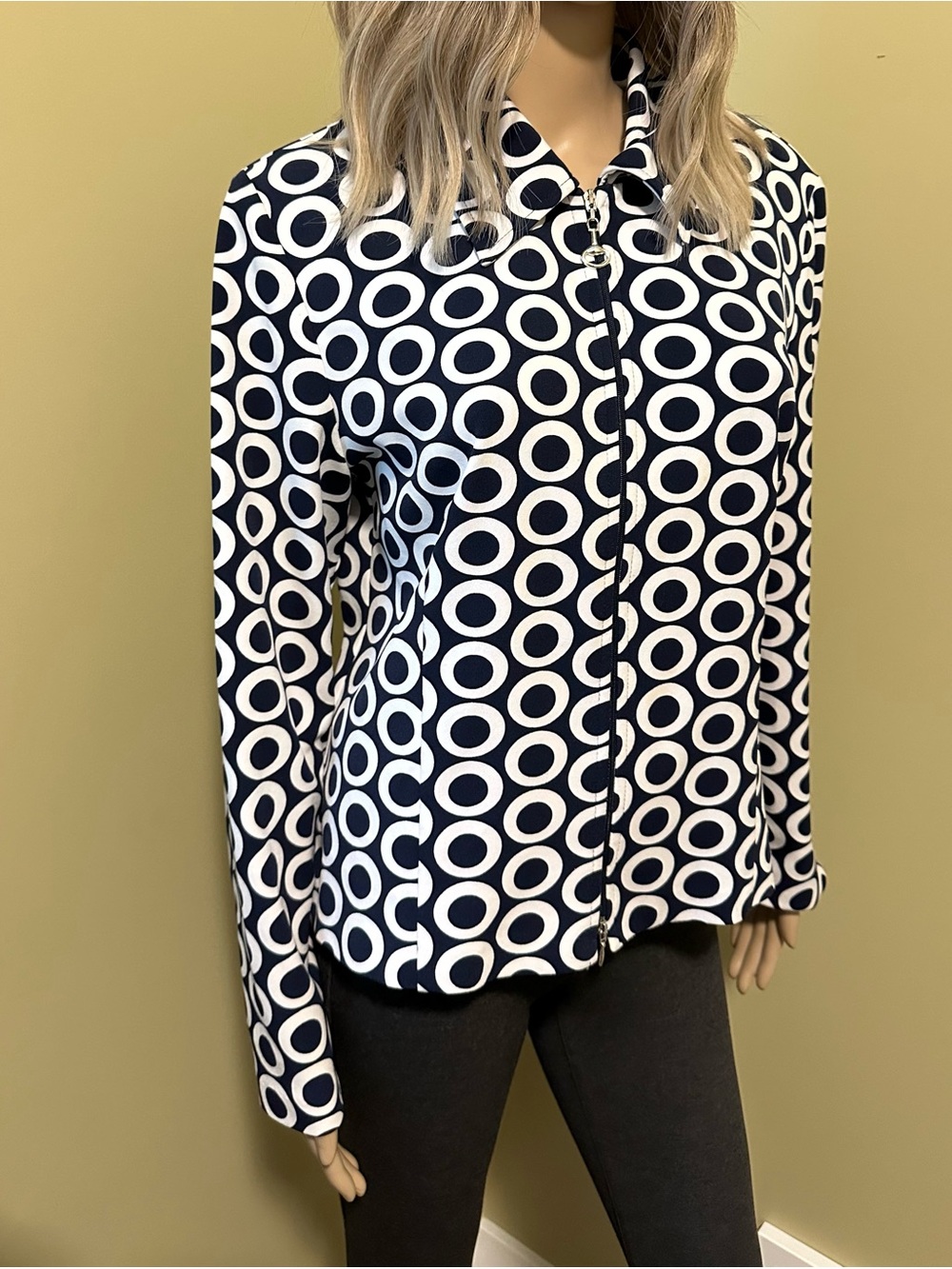 Joseph Ribkoff Womens Navy and White Circle-Print Zip Front Jacket